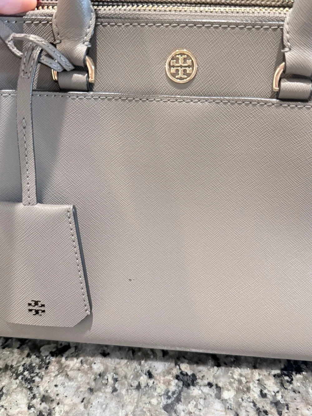 Tory Burch Saffiano Leather Satchel in Light Gray Taupe